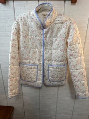 Main Strip Quilted Cream Jacket with Pink & Blue Floral Trim
